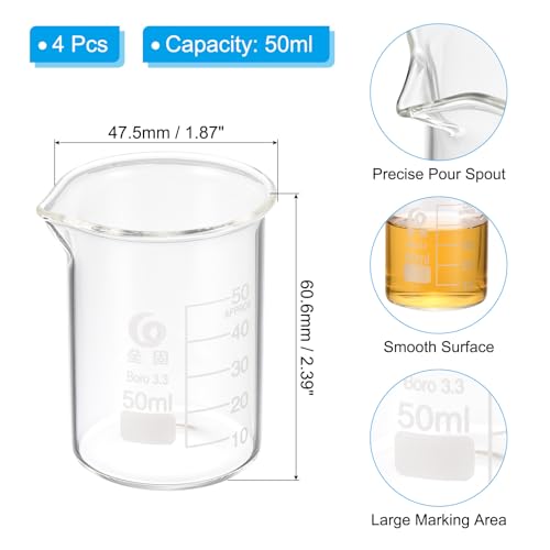 PATIKIL 50ml Low Form Glass Beaker, 4Pcs 3.3 Borosilicate Glass Beakers Graduated Measuring Cup with Spout for Lab Experiment, Cooking and Baking, Clear - size: 50ml