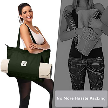 WLLWOO Yoga Mat Carrier Bag for Women Canvas Carryall Tote Gym Pilates | Large Holder Zipper Shoulder for Beach Travel Workout Fitness Office - color: Military green1