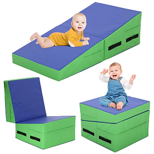 BLKMTY Incline Gymnastics Mat for Kids, 34"x24" Folding Tumbling Cheese Wedge Mats Kids Indoor Exercise Yoga Mat for Gymnastics Home Gym Mats W/Non-Slip PVC Surface and Handle - color: Blue & Green