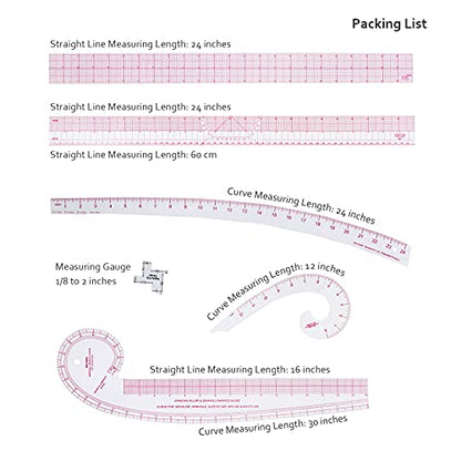 Imperial Sewing Ruler & French Curves for Pattern Making Drafting, Clear Plastic Fashion Designer Ruler Kit in Inches (6-Piece Set) - color: B-6-piece Set