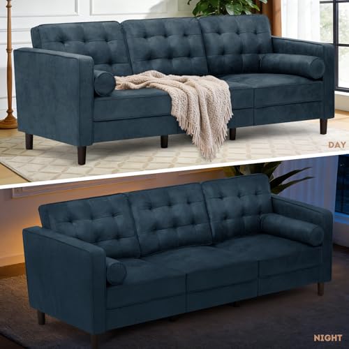 84" Suede Leather Sofa with 2 Soft Pillows, Blue - color: Blue, size: 84" Sofa