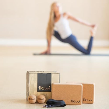 Natural Cork Yoga Blocks 2 Pack with Strap & Massage Balls - Premium Yoga Accessories for Women & Men