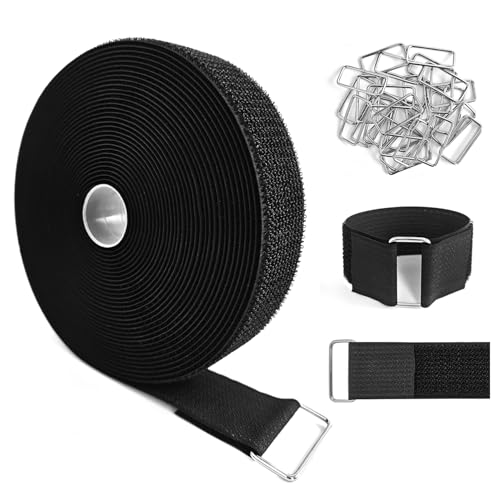 1.5"x32ft Hook and Loop Straps with Metal Buckles, Molle Cable Straps, Adjustable Fastening Cinch Strap, Reusable Nylon Securing Cord Ties, 1.5 inch Wide, Black with 30 Buckles - color: 1.5"x32ft, 30 Buckles