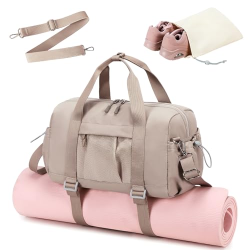 Gym Bag for Women Gym Duffle Bag with Shoe Compartment and Wet Pocket Carry On Overnight Weekender Duffel Bag for Travel Sports Yoga - color: Camel, size: Medium-17.7"