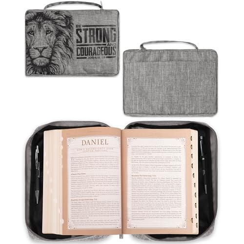 Christian Art Gifts Value Poly-Canvas Bible Cover for Men & Women: Strong & Courageous Bold Lion - Joshua 1:9 Inspirational Scripture with Pocket, Sleeves, Pen Loops, Gray, Medium - color: Gray/Be Strong, size: Medium