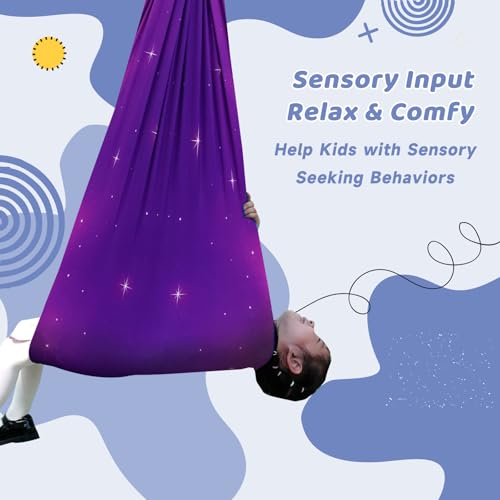 Aokitec Sensory Swing Kids & Adults, Double-Layer Indoor Outdoor Hammock | Therapy swing, Special Needs, Autism, Adjustable, Double-layer Polyester Holds 300LB, Swivel Hanger, All Hardware Included - color: Galaxy Purple
