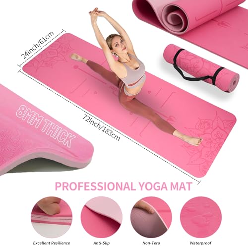 DICYWUDI Yoga Mat Thick, 6 Fabric Resistance Bands, 2 Pack Yoga Blocks, Home Workout Equipment Essentials Starter Kit for Beginners Full Body Toning - color: Pink