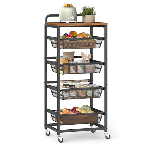 VASAGLE Storage Rolling Cart with Pull-Out Baskets, 5-Tier Utility Cart Orgnizer with Wheels for Laundry Room, Kitchen, Handle, 12.5 x 15.8 x 37.4 Inches, Rustic Brown and Ink Black ULRC041K01 - color: Rustic Brown + Ink Black, size: 5 Tiers