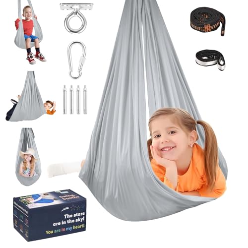 Sensory Joy Swing for Kids, Elastic and Soft Fabric Therapy Swing for Autism, ADHD, Asperger – Indoor Outdoor Sensory Swing for Children, Cozy Cuddle Hammock Chair Autism Swings Indoor（Grey） - color: Grey