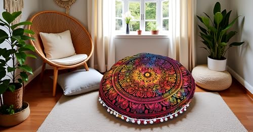 ICC Large Round seat Floor Cushion Chair Ottoman Cover Pouf Pillow Meditation Floor Cushions Cases Seating Ottoman Throw Covers Craft Room Furniture for Sitting Cover Multi 4 Fool 32" Round - size: 32" x 32" (Pack of 1), style: Multi 4 fool