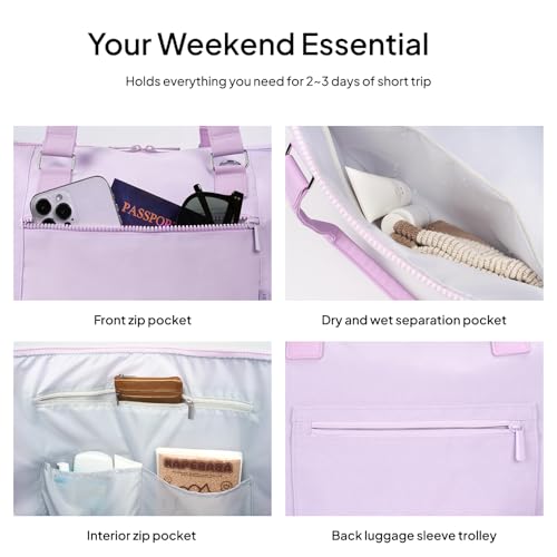 Travel Duffle Bag for Women, 40L Weekender Bags Airline Approved Carry On with Shoe Compartment & Waterproof Wet Pocket, Durable Nylon Weekender Overnight Bag for Travel, Gym, Business Trip, Purple - color: Purple