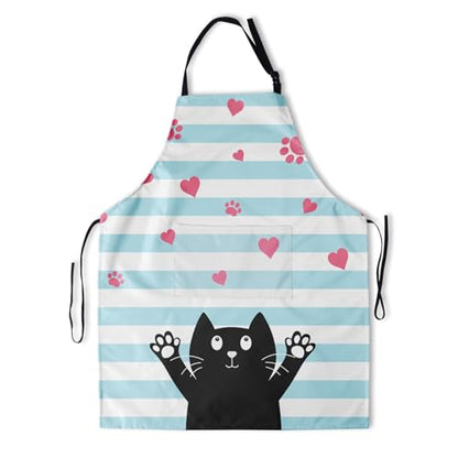 Art Apron with Pocket for Women Men | Kitchen Aprons Chef Apron for Cooking Baking BBQ Painting Gardening - color: Black Cat With Love Heart