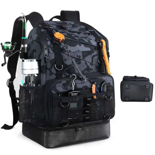 Fishing Backpack with Rod Holder, Heavy Duty Fishing Bag with Waterproof Bottom, Tackle Backpack Gifts for Man Woman-Black Camo - color: Black Camo