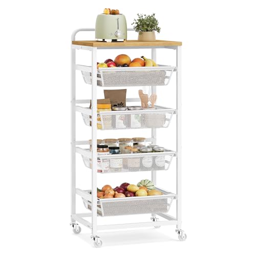VASAGLE Storage Rolling Cart with Pull-Out Baskets, 5-Tier Utility Cart Orgnizer with Wheels for Laundry Room, Kitchen, Handle, 12.5 x 15.8 x 37.4 Inches, Golden Oak and Matte White ULRC041YA01 - color: Golden Oak + Matte White, size: 5 Tiers