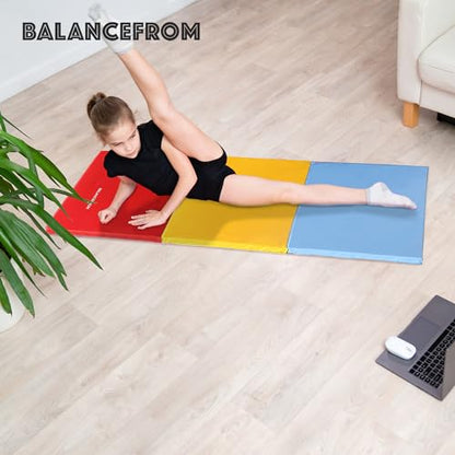BalanceFrom 6x2 Feet 3-Panel Folding Gymnastics Mat – 2-Inch Thick Pad with Vinyl Surface and Carrying Handles for Tumbling, Yoga, Pilates, Home Workouts, and Martial Arts - color: Multi-Color