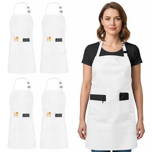 Utopia Kitchen 4 Pack Bib Apron Adjustable with 2 Pockets, Water and Oil Resistant, Cooking Kitchen Chef Apron for Women Men - color: White