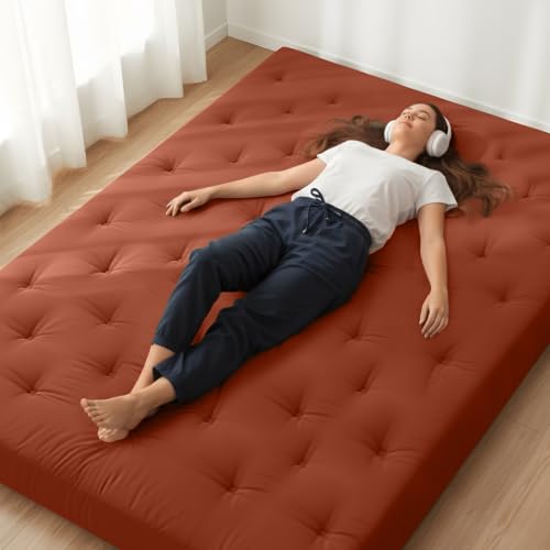 ZonLi Japanese Floor Futon Mattress 100% Cotton Washable Cover Foldable | 75" x 39" Twin Size 6" Thick Tatami Mat Sleeping Pad, Roll Up Floor Lounger Bed for Guest, Dormitory, Camping & Travel - color: Cinnamon, size: Twin(75"L x 39"W x 6"Th)
