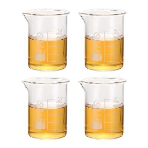 PATIKIL 50ml Low Form Glass Beaker, 4Pcs 3.3 Borosilicate Glass Beakers Graduated Measuring Cup with Spout for Lab Experiment, Cooking and Baking, Clear - size: 50ml