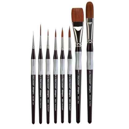 KINGART 1070C Premium 8 Pc. Precision Acrylic Artist Paint Brushes, Short Comfort Handle, Synthetic Taklon Hair for Acrylic, Oil, Watercolor and Gouache Paints, Set of 8