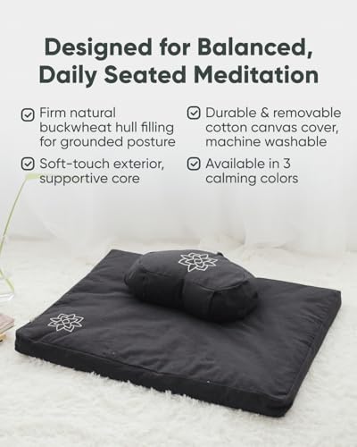 Mindful & Modern Large Meditation Cushion | Zafu Yoga Bolster Meditation Floor Pillow Seat | Buckwheat Hull Filled Crescent Shaped Cushion with Removable Washable Cover + Carry Handle (Minimal Black) - color: Crescent - Black