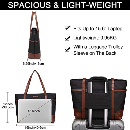 Laptop Bag for Women,ChaseChic Waterproof Classic Teacher's Tote Bag 15.6in Computer Work Bags for Women with Luggage Strap - color: Black & Brown-15.6in