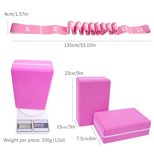 Yoga Blocks 2 Pack with Elastic Stretch Band & Bag – High Density Foam Yoga Blocks for Stability, Deep Stretching & Balance, 12-Loop Resistance Strap for Yoga, Pilates, Dance & Flexibility Training - color: Pink+Pink
