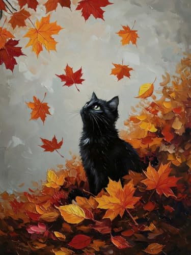 MIRCVSH Autumn Diamond Painting Kits for Adult Beginners,Black Cat and Fallen Leaves Diamond Art Kits for Adults,DIY Full Round Drill Gem Art Painting Crafts Kit for Home Wall Decor 12X16 Inch. - color: G9673