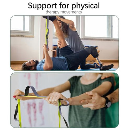 10 Loop Yoga Stretching Strap for Physical Therapy - Non-Elastic Exercise Band for Pilates, Yoga, Stretching for Women & Men - color: Green/Grey