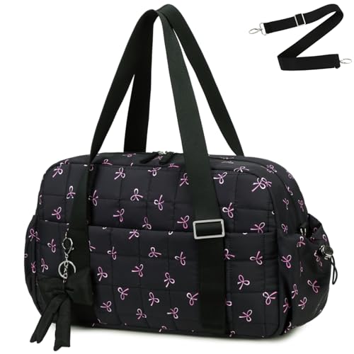 CAMTOP Mini Gym Bag for Women, Small Gym Tote Bag Puffy Quilted Sports Duffel Bag with Wet Compartment and Coin Purse Duffel Bags Dance Yoga Workout Bag for Gifts (Black Bow, Medium-16") - color: Black Bow, size: Medium-16"