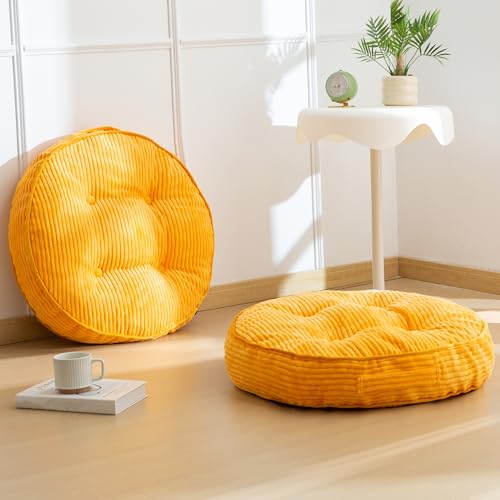 HIGOGOGO Floor Pillow Cushion for Adults, Meditation Cushion Pillow, Large Round Floor Sitting, Tufted Corduroy Cover, for Tatami Living Room or Yoga, 22x22 Inch, 2Pack, Orange - color: Round Orange, size: 4" Thick(Pack of 2)