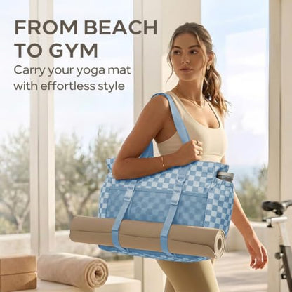 Omanmoli Beach Bag for Women Large Waterproof Sandproof Tote 40oz Holder | Anti-theft Lock & Chain,12 Pockets,2 Insulated Foil Pockets,Checkered,Cruise Travel Vacation Picnic Pool Work Gym,Checkered - color: Beige&blue