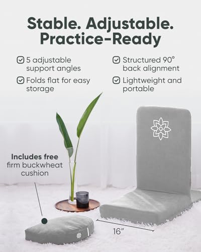 Mindful Modern Folding Pro Meditation Chair - Adjustable Meditation Seat with Back Support and Half Moon Buckwheat Meditation Cushion - Comfortable Mindfulness Living Room Floor Chair - color: Slate Grey