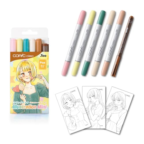 Copic Ciao Illustration Mini Pop Set, 5 Alcohol-markers + 1 Multiliner drawing pen, Yellow