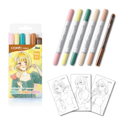Copic Ciao Illustration Mini Pop Set, 5 Alcohol-markers + 1 Multiliner drawing pen, Yellow