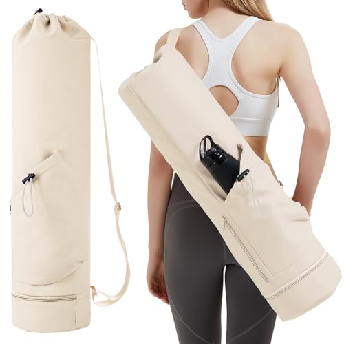 sportsnew Yoga Mat Bag with Water Bottle Pocket & Wet Pocket for Women | Yoga mat carrier fits 1/8"-3/8" yoga mats, quick-access multi-pocket organization, lightweight for gym, Pilates & studio - color: Beige, size: Medium