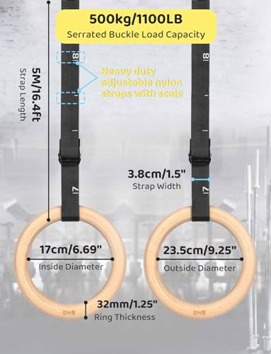 GHB Gymnastic Rings Wooden Gym Rings 1.25" Olympic Rings Adjustable Straps Pull Up Rings Sets for Workout Bodyweight Fitness Training - style: 32mm Rings & Buckle Numbered Straps Set
