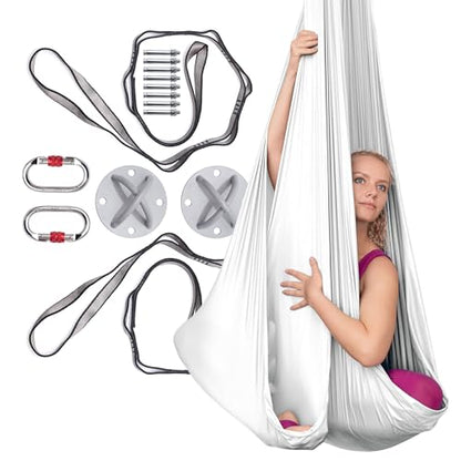 AyuHome Aerial Silks Yoga Swing Aerial Hammock Kit for Home | Premium aerial silks yoga swing kit with rigging hardware for aerial yoga, gymnastics, and home fitness - color: Aerial silk - White - New