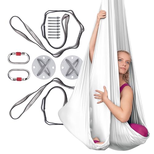 AyuHome Aerial Silks Yoga Swing Aerial Hammock Kit for Home | Premium aerial silks yoga swing kit with rigging hardware for aerial yoga, gymnastics, and home fitness - color: Aerial silk - White - New