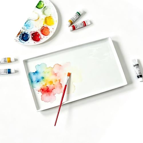 12 inch Ceramic Rectangle Paint Mixing Tray,Artist Porcelain Paint Palette for Watercolor Gouache Painting,Cleans-up Easily Butcher Tray