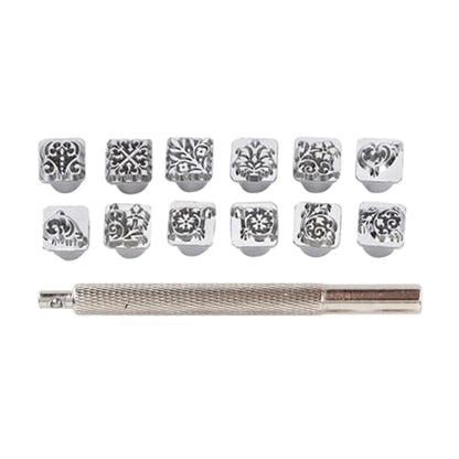 Leather Stamp Tool, 12Pcs Leather Stamping Punch Stamper DIY Leather Craft Making Tools Flower Design Embossing Pattern with Stamping Handle for Leathercrafting