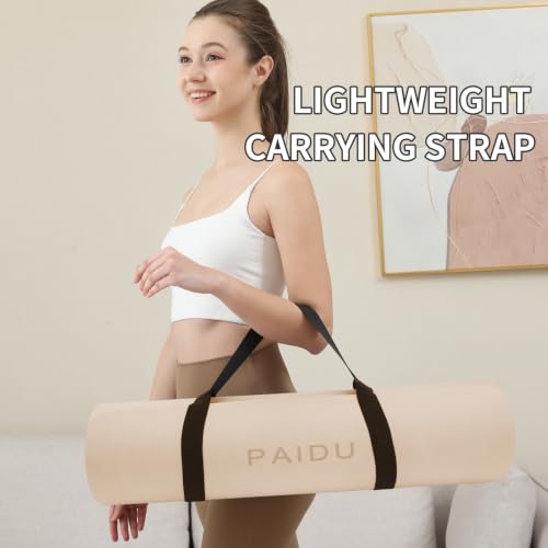 PAIDU POE Yoga Mat （10mm）Extra Thick Fitness Mat 72"x24" with Carry Strap - color: Beige+Black.
