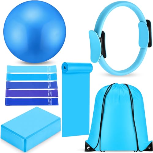 Silipull 10 Pcs Pilates Ring Blocks Set for Women Home Yoga Equipment Accessories Pilates Ring Circle and Ball Workouts Gift Include Ball Yoga Circle Resistance Bands Block Straps Gym Bag - color: Blue