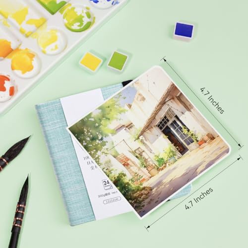 Lightwish Square Watercolor Journal,100% Cotton,300gsm/140lb,Acid-Free,24 Sheets Hot Press Watecolor Sketchbook for Artists Adults Students,4.7 * 4.7 Inches(Light Green) - color: Light Green