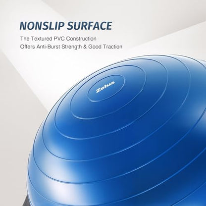 ZELUS 25in. Balance Ball | 660lb Inflatable Half Exercise Ball Wobble Board Balance Trainer w Nonslip Base | Half Yoga Ball Strength Training Equipment w 2 Bands, Pump, Extra Ball Included - color: Blue