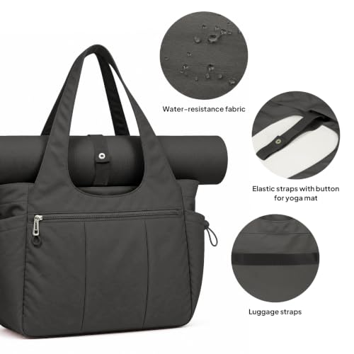 TOPEAST Foldable Tote Bag for Women with Yoga Mat Holder,Travel Tote Bag with Water Bottle Pocket,Lightweight Workout Gym Bag - color: Black