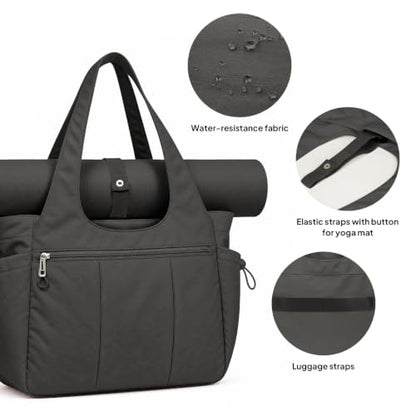TOPEAST Foldable Tote Bag for Women with Yoga Mat Holder,Travel Tote Bag with Water Bottle Pocket,Lightweight Workout Gym Bag - color: Black