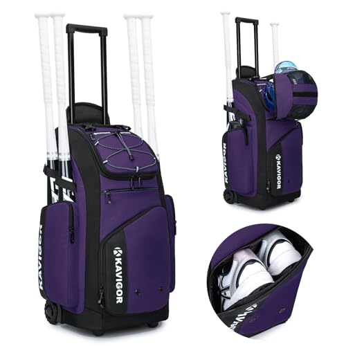 KAVIGOR Rolling Baseball Bag with Wheels, 60L Capacity Softball Bag Holds 4 Bats for Boys and Girls, Youth Equipment Bag with Shoe Compartment - color: Purple