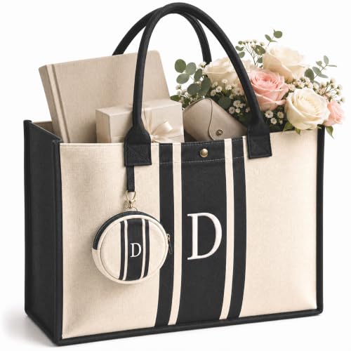 LEAFICO Initial Canvas Tote Bag – Monogrammed Gift for Women | Personalized Letter Tote for Travel Weddings Birthdays - color: D