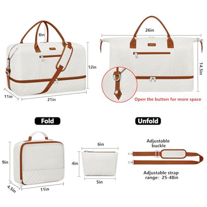 ITIEZY Weekender Bag for Women 21.5" Travel Duffel Large Carry On Bag 3PCS | Nylon Duffel Bag with Waterproof Shoe Compartment, Crossbody Bag and Toiletry Bag, Travel Weekend Hospital Overnight Gym Bag - color: 9a-Beige