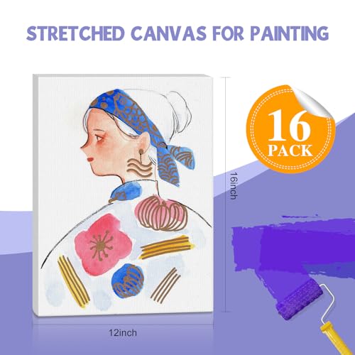 ESRICH Stretched Canvas for Painting 12x16 Inch, 16 Pack Blank Canvas Bulk-5/8 in Profile Primed Cotton White Canvases for Painting for Oil & Acrylic Paint - size: 12X16IN 16 Packs